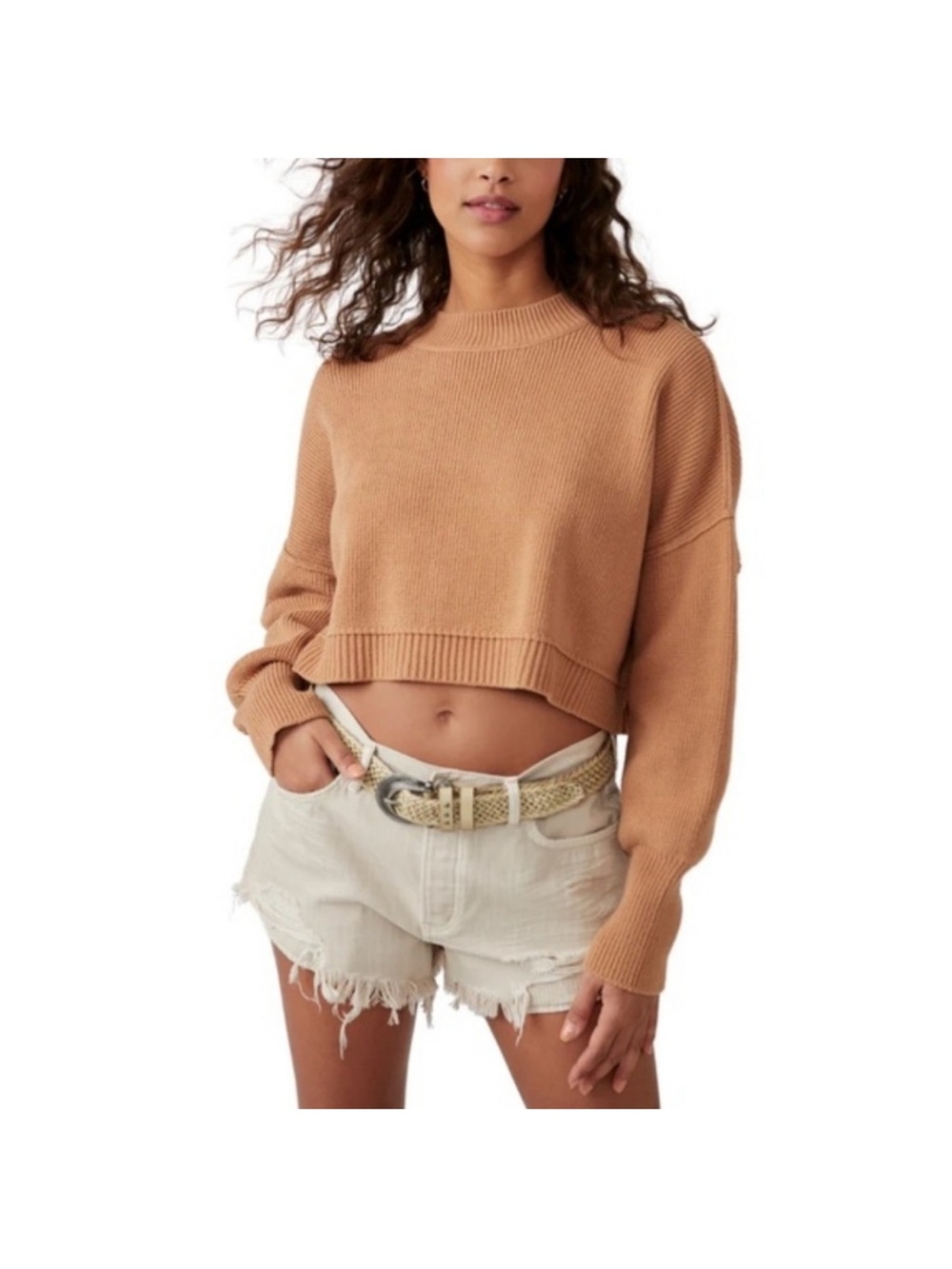 Free People easy street Cropped Crewneck Sweater in Camel Tan